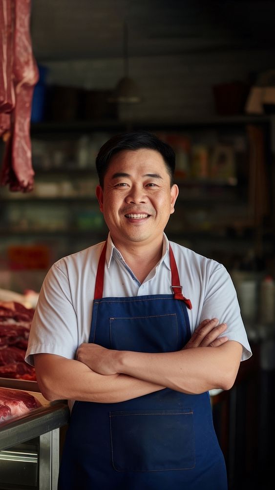 photo of local meat shop asian happy owner in front, natural light.  