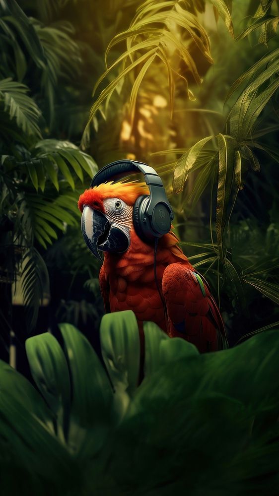 photo of parrot wearing headphone on the branch, space, photorealistic, raw image. AI generated Image by rawpixel. 