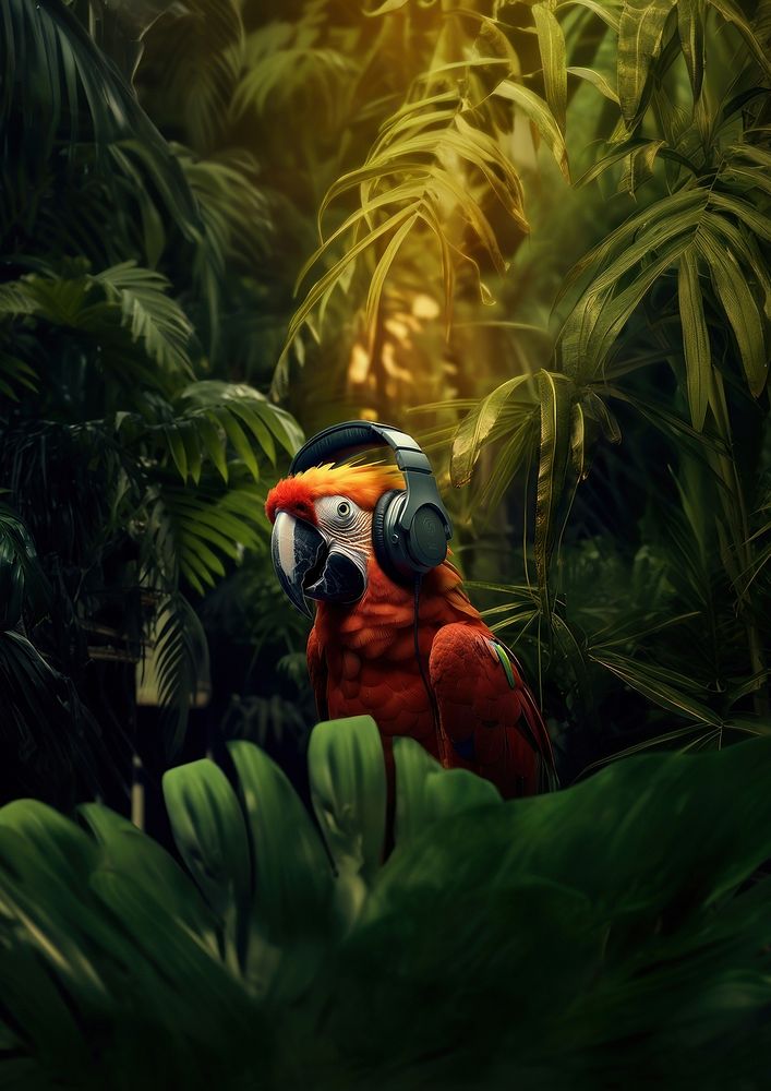 photo of parrot wearing headphone on the branch, space, photorealistic, raw image. AI generated Image by rawpixel. 