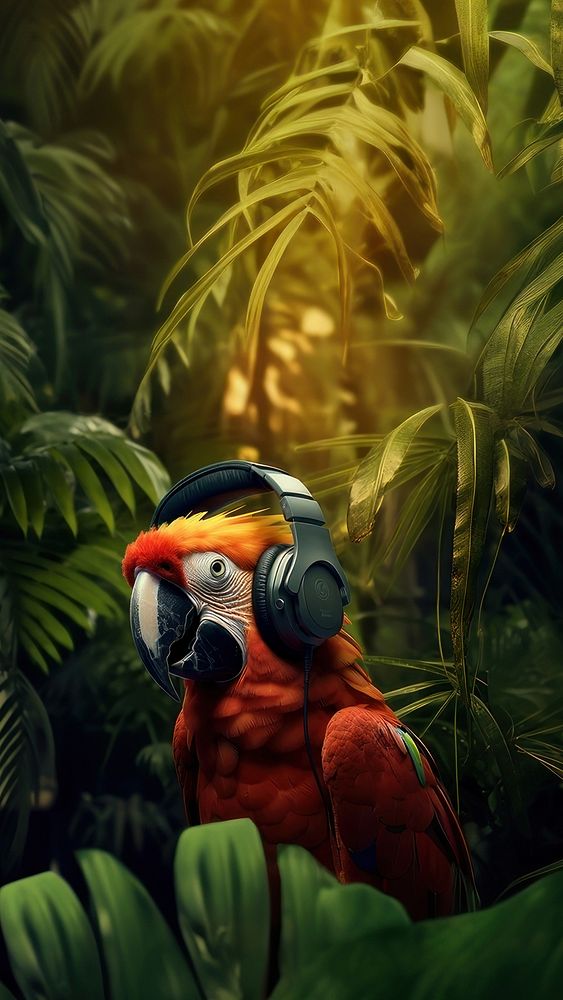 photo of parrot wearing headphone on the branch, space, photorealistic, raw image.  