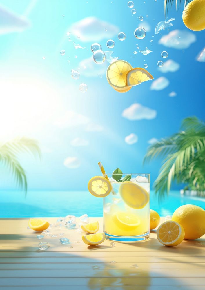 Scene of 3d illustration lemonade, summer, whole lemonade in swimming pool, clean backgrounds.  