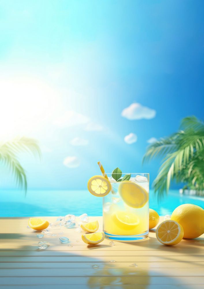 Scene of 3d illustration lemonade, summer, whole lemonade in swimming pool, clean backgrounds. AI generated Image by…