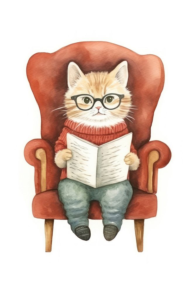 Cat wearing glasses chair book publication. AI generated Image by rawpixel.