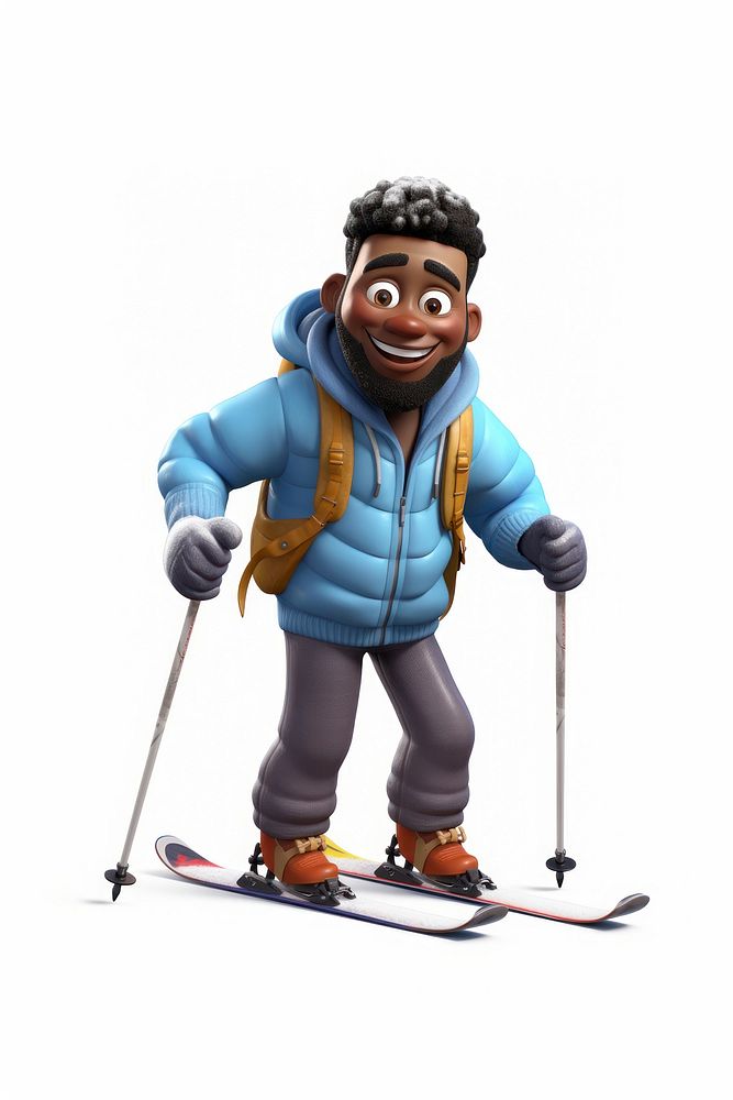 Black man play Skiing skiing recreation cartoon. 