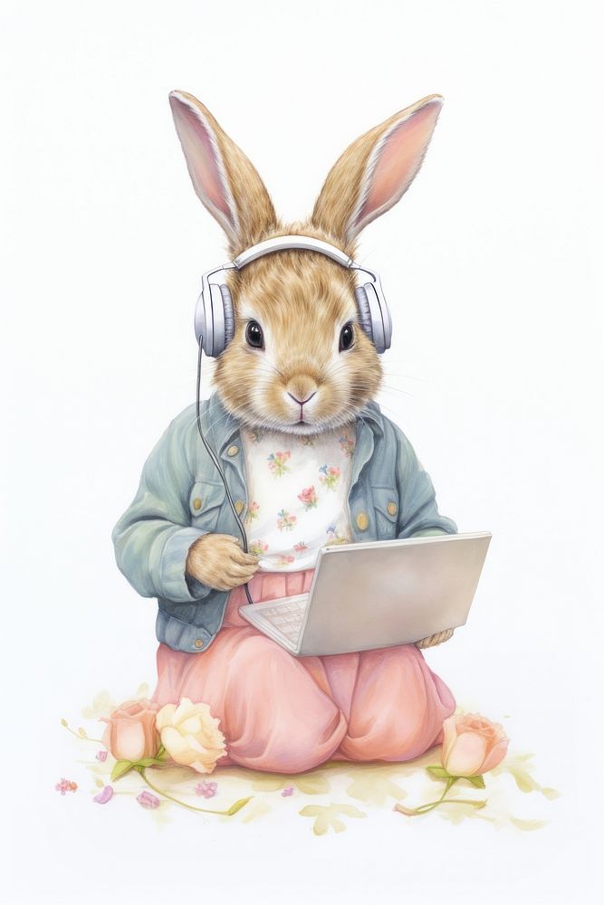 Pretty rabbit student laptop computer drawing. AI generated Image by rawpixel.