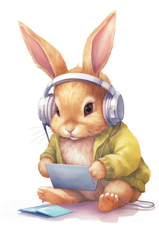Rabbit student studying headphones computer mammal. AI generated Image by rawpixel.
