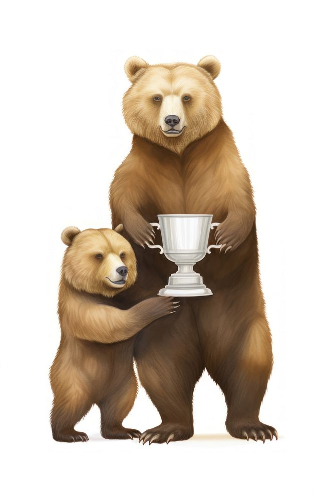Two brown bears holding trophy mammal white background togetherness. AI generated Image by rawpixel.