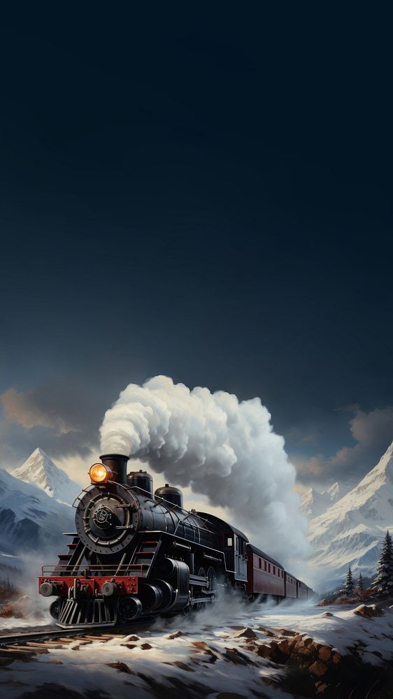 An old steam train chugging through snowy mountains on christmas day 