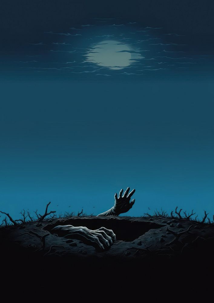 the aesthetic illustration of the hand come out of the grave at night.  