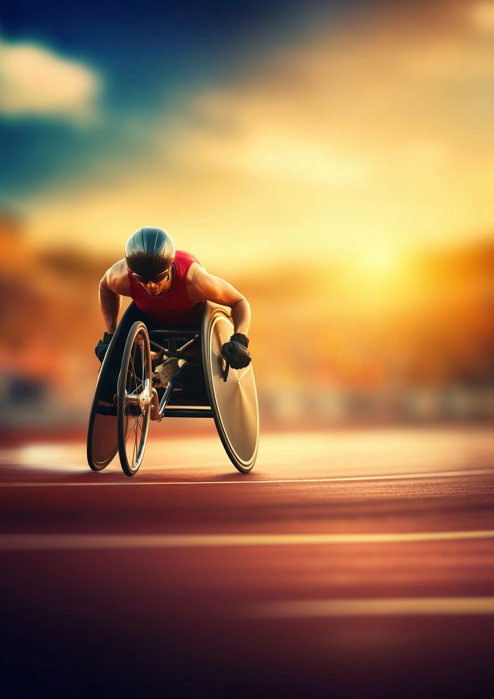 a photo of a male athlete in a wheelchair racing on the racetrack at the stadium.  