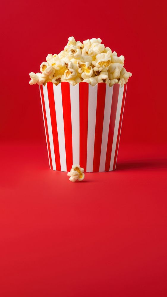 a photograph of a striped box with popcorn isolated on solid color background.  