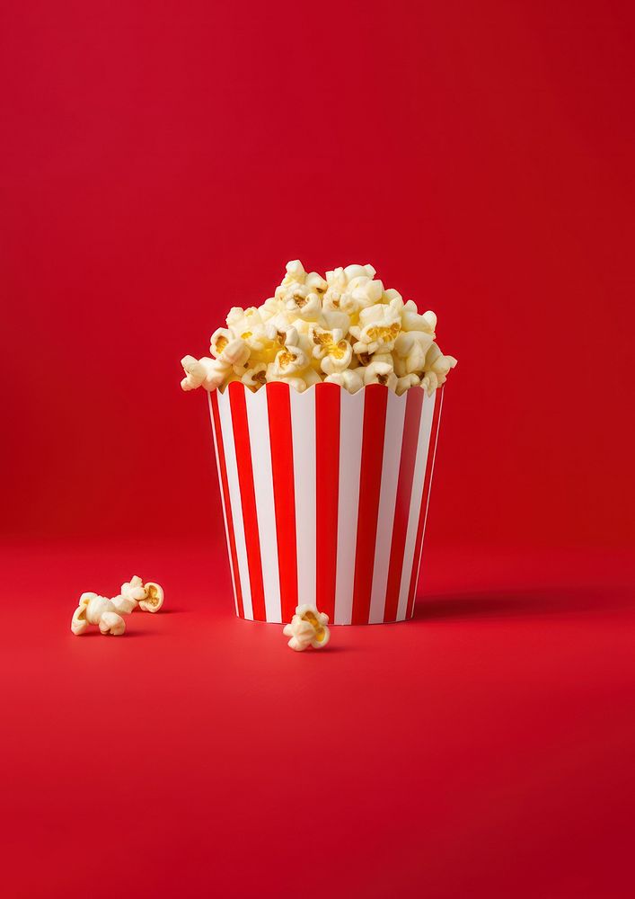 a photograph of a striped box with popcorn isolated on solid color background.  