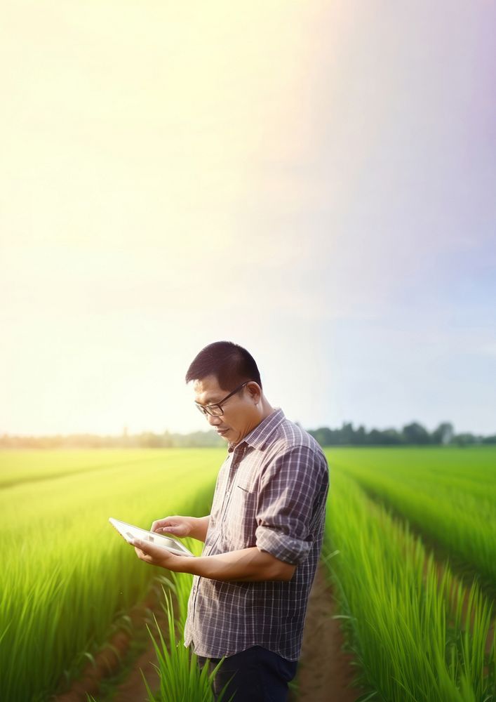 photo of a man farmer with tablet working in rice field. AI generated Image by rawpixel. 