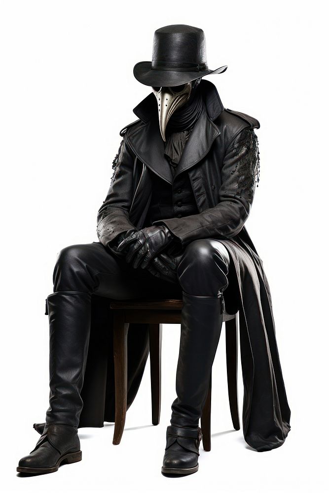 Plague doctor sitting furniture footwear costume. AI generated Image by rawpixel.