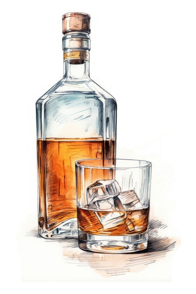 Bottle glass whiskey drawing. AI generated Image by rawpixel.