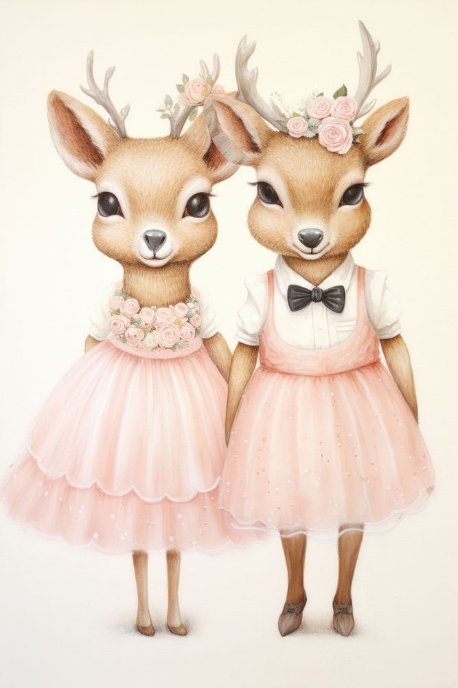 Couple deer costumes wedding dress figurine drawing mammal. AI generated Image by rawpixel.