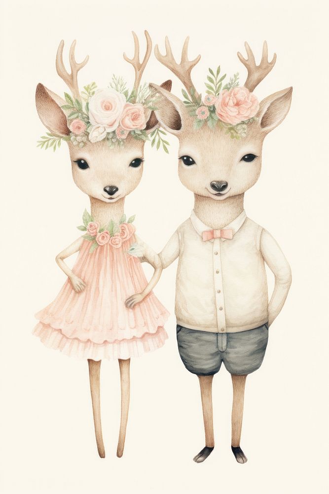 Couple deer costumes wedding dress drawing mammal animal. AI generated Image by rawpixel.