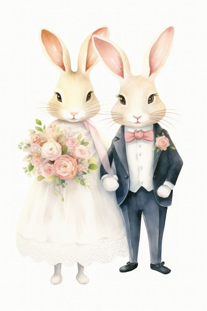 Couple rabbit costumes wedding dress drawing animal mammal. AI generated Image by rawpixel.
