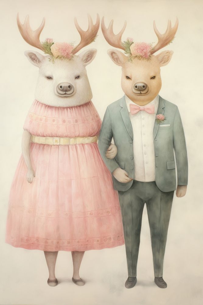 Couple deer costumes wedding dress drawing animal mammal. AI generated Image by rawpixel.