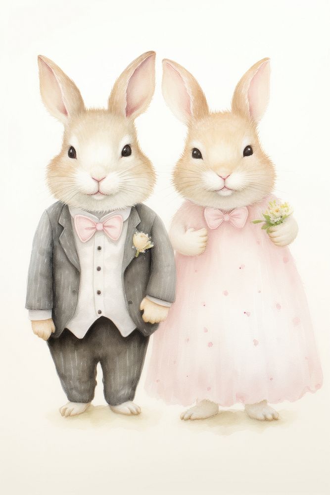 Couple rabbit costumes wedding dress figurine drawing rodent. AI generated Image by rawpixel.