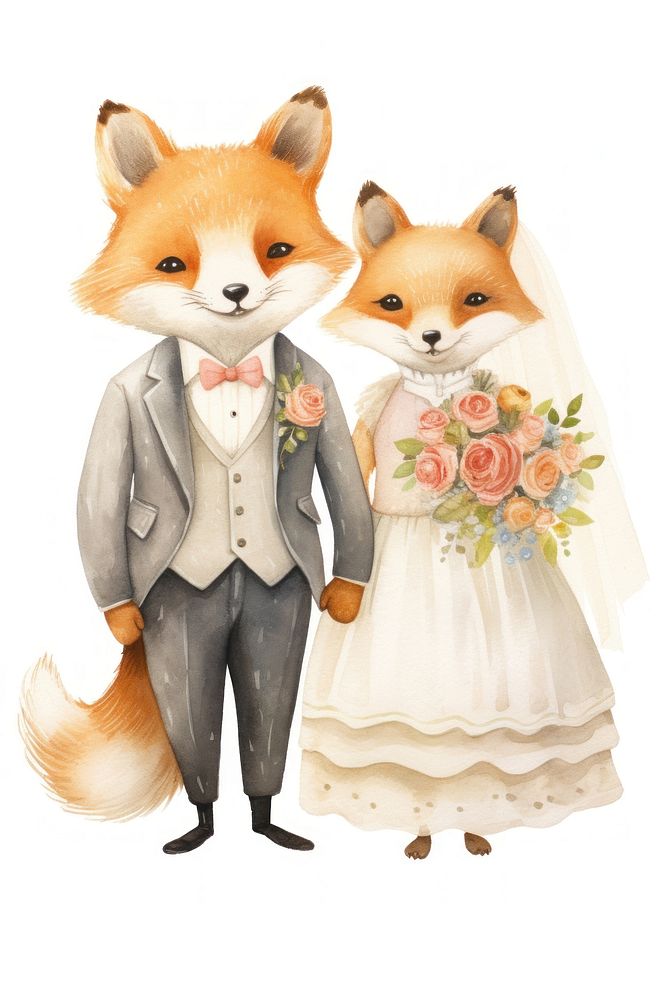 Couple fox costumes wedding dress drawing mammal animal. AI generated Image by rawpixel.