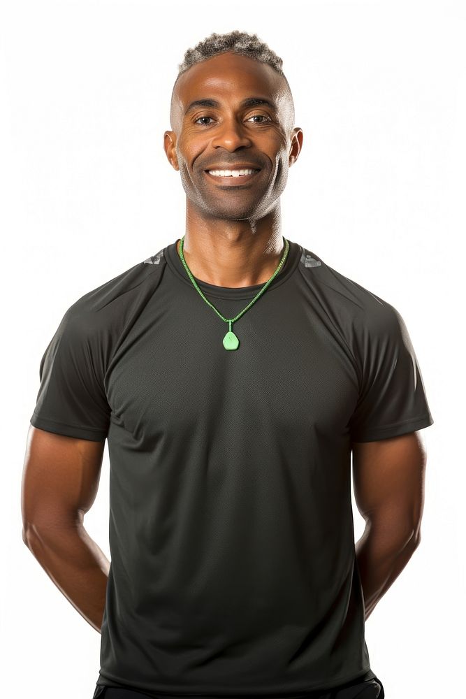 A gym trainer necklace portrait t-shirt. AI generated Image by rawpixel.