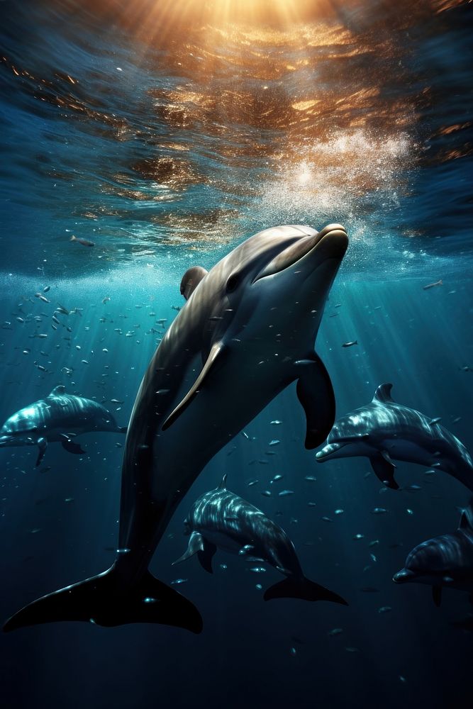 Dolphins swimming together dolphin outdoors animal. AI generated Image by rawpixel.