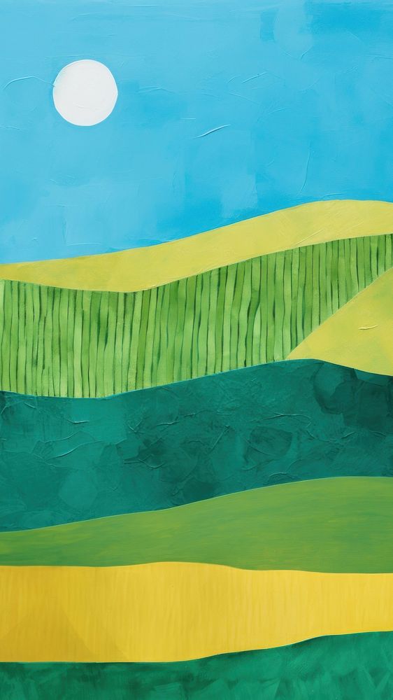 An acrylic painting on paper cut into make a collage of a lush green hillside blue sky clean. 