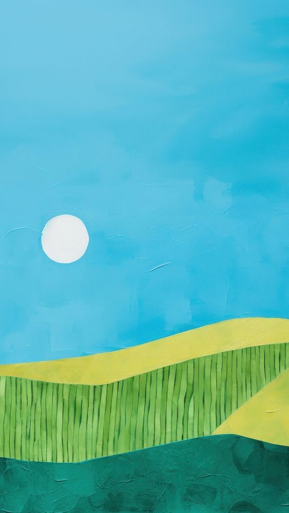 An acrylic painting on paper cut into make a collage of a lush green hillside blue sky clean