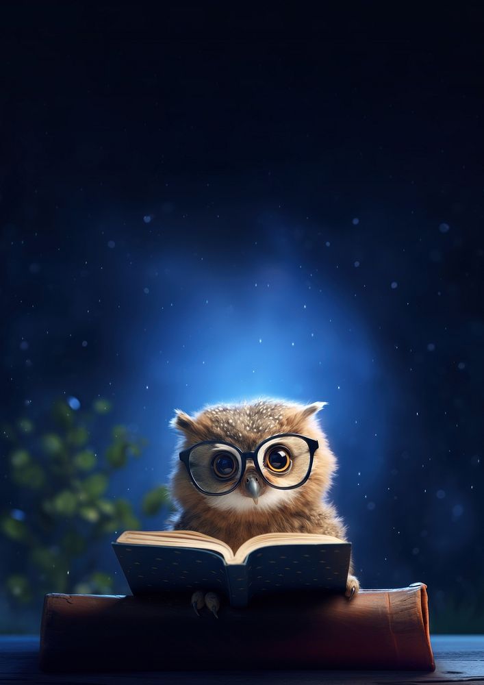 Cute owl reading a book. 