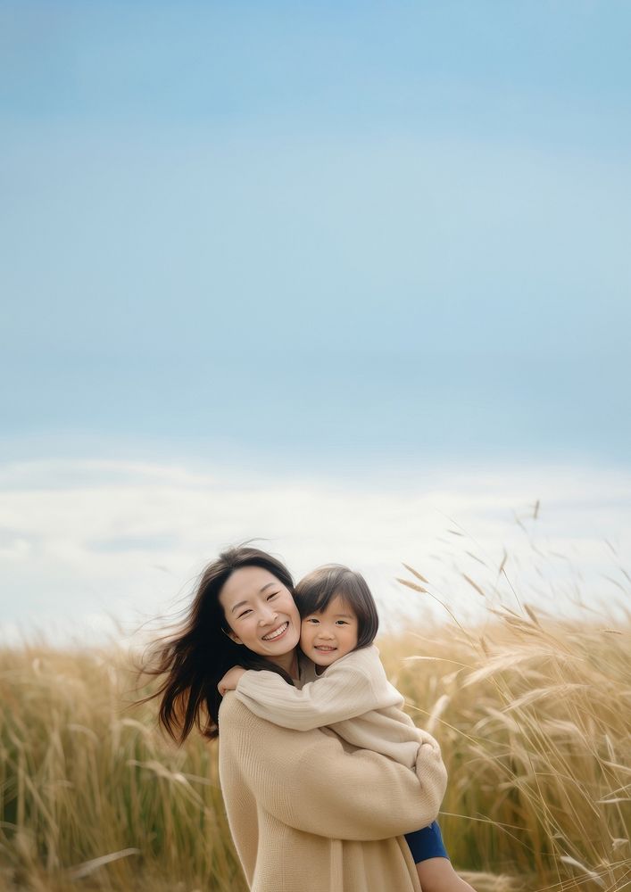 full body of Asian mother hug asian daughter. 