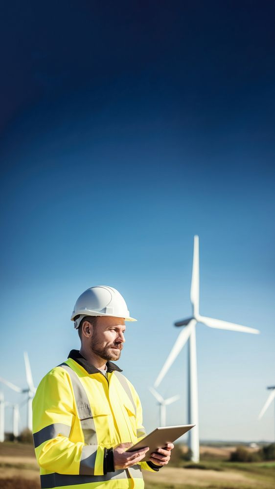 photo of Wind turbine worker useing tablet. 