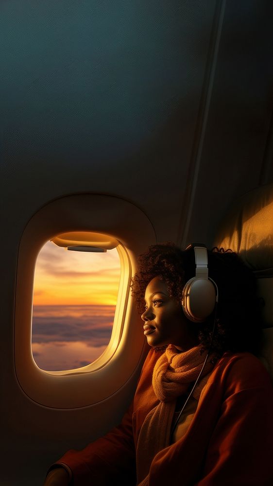 photo of an african woman looking through the window on an airplane. 