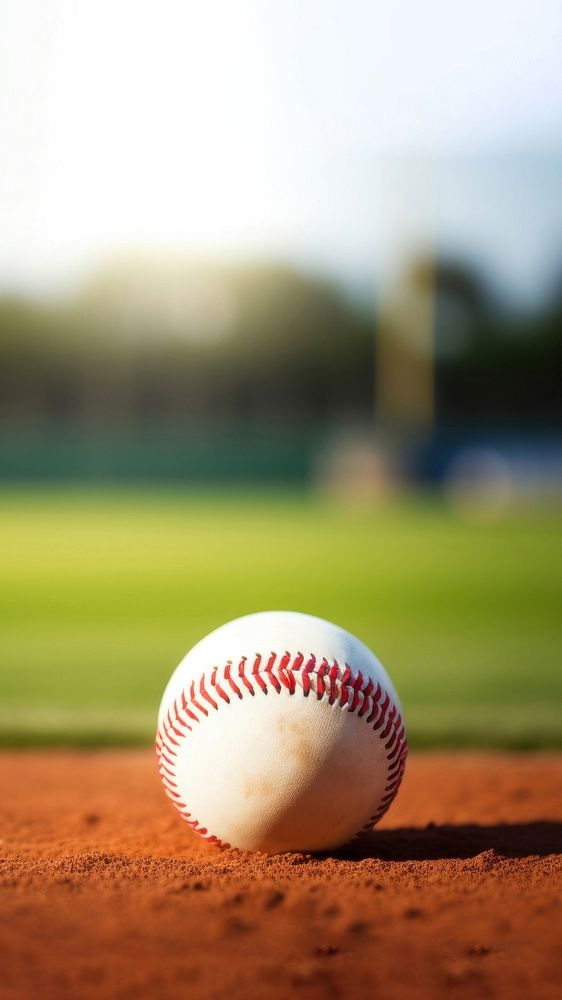 photo of Close-up of baseball on Grass Field with Blurry Stadium in Background. 