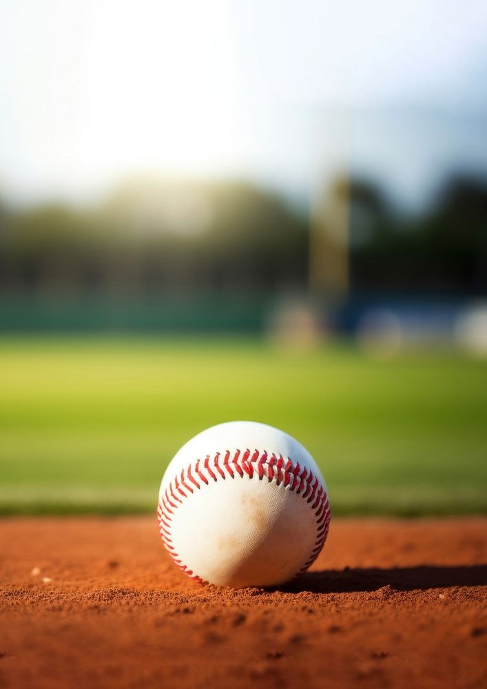 photo of Close-up of baseball on Grass Field with Blurry Stadium in Background. 