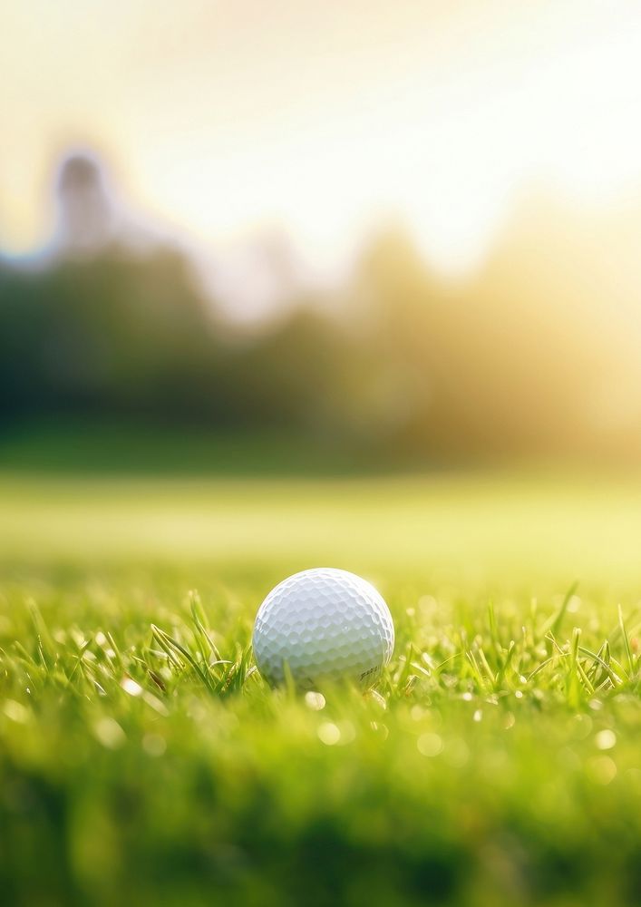 Photo of golf ball in the green grass close to the hole, natural light. 