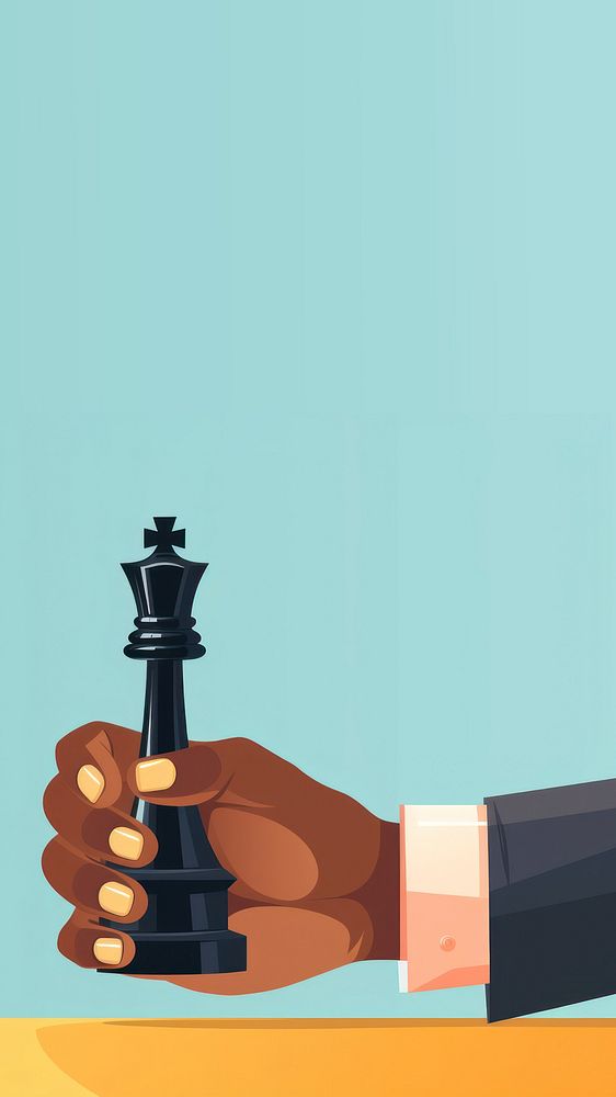 flat illustration of a black businessperson hand holding king chess piece. 