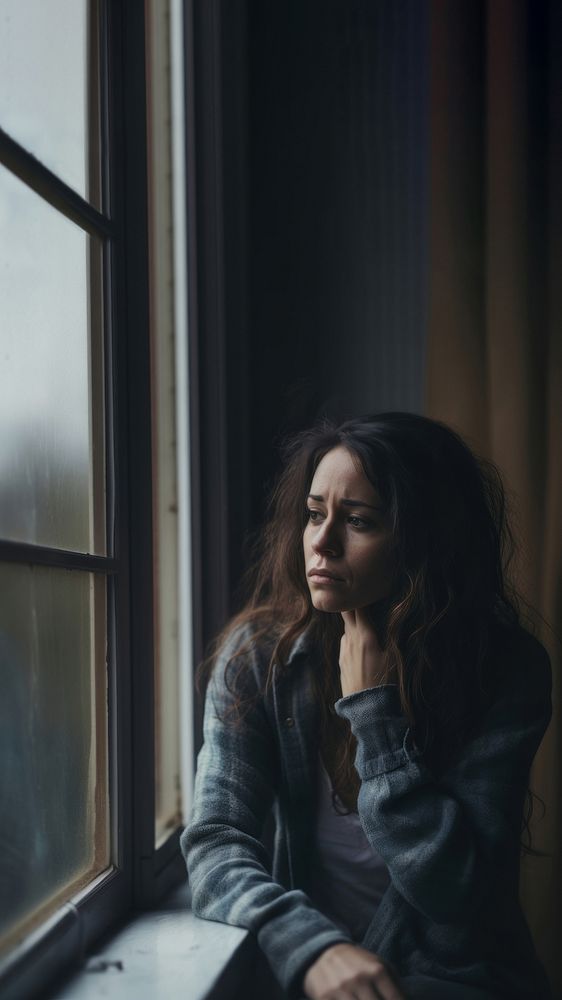 image of sad person looking out window. AI generated Image by rawpixel.