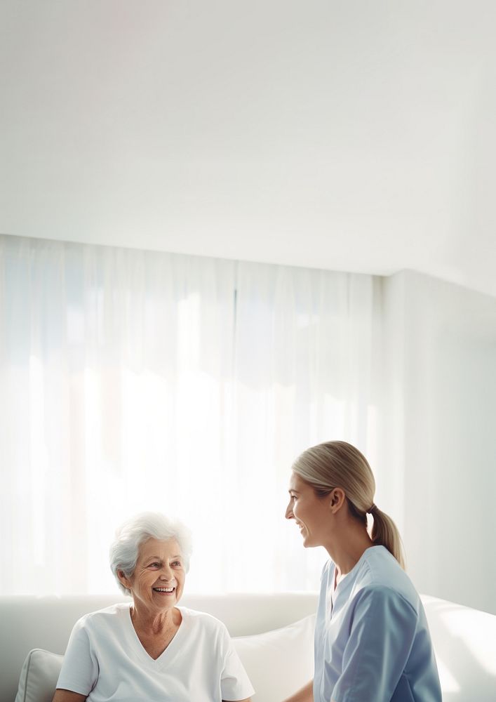 minimal, photo of staff caregiver talking to senior woman in hospital. AI generated Image by rawpixel.