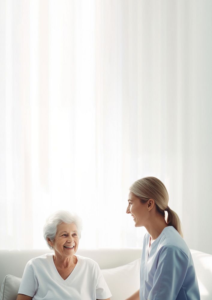 minimal, photo of staff caregiver talking to senior woman in hospital. AI generated Image by rawpixel.