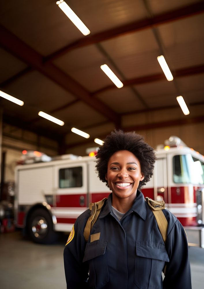 Firefighter standing vehicle smiling. 