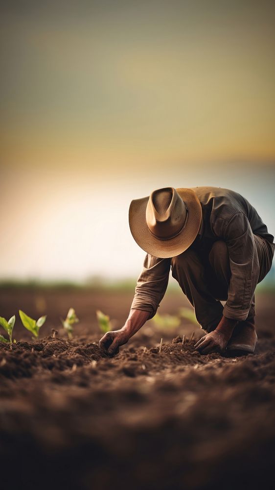 photo of a dusty farmer planting crop. 