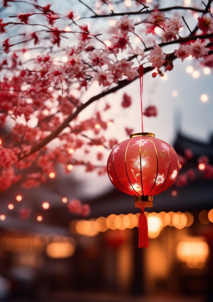 photo of chinese new year lantern, blurred new year's firework in background. AI generated Image by rawpixel.