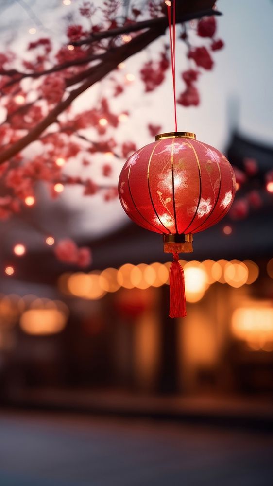 photo of chinese new year lantern, blurred new year's firework in background. AI generated Image by rawpixel.
