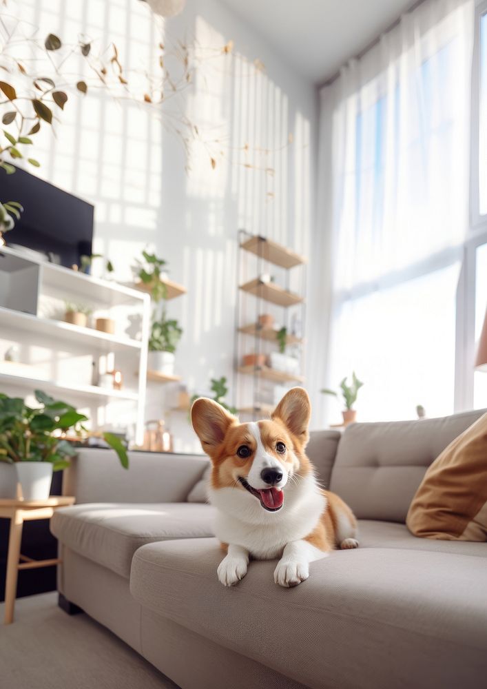 photo of Stylish and Scandinavian living room interior of a modern apartment with a Corgi dog lying on the couch. 