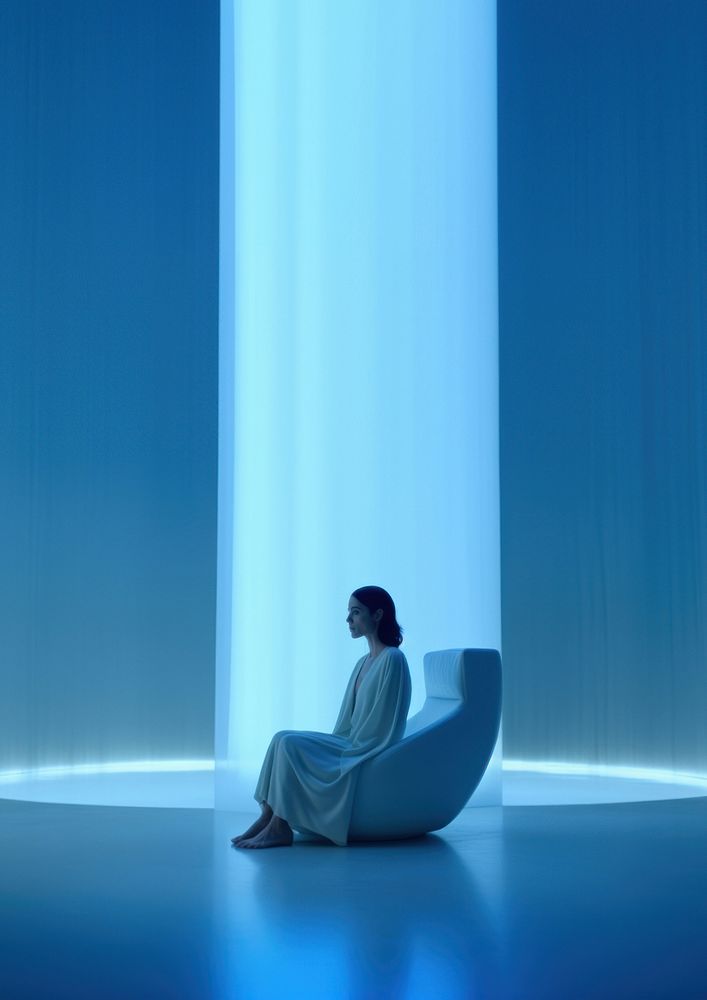 Woman sitting in a white room. 