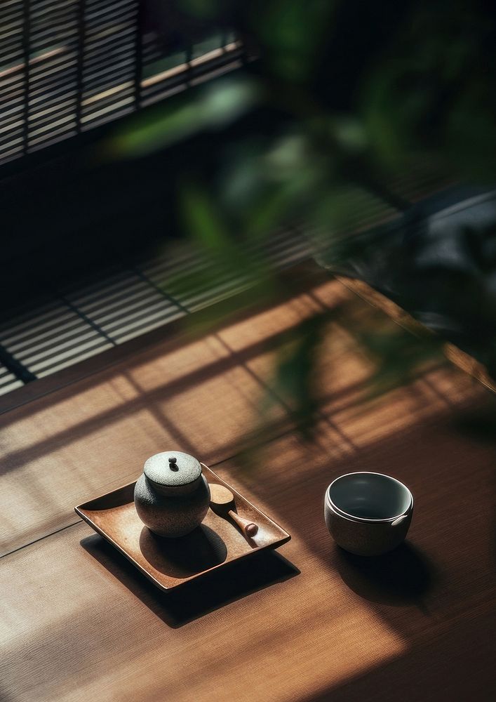 A serene tea set on a wooden table, featuring a teapot and cup. The tea set is illuminated by soft, natural light through a…