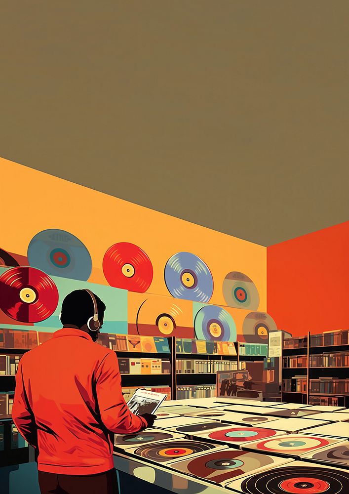 A person selecting vinyl records in a retro record store. 