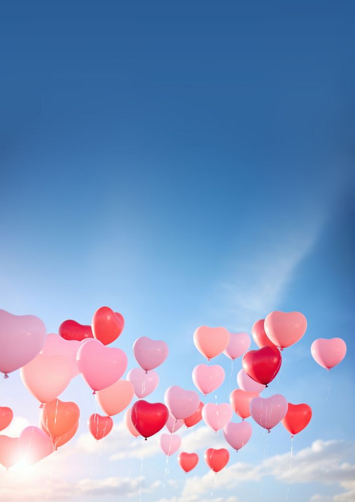 a real photo of heart-shaped balloons floating up in the air. 