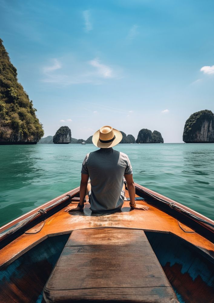 Back view photo of a man sitting in front of a boat, in Krabi in sunny day
